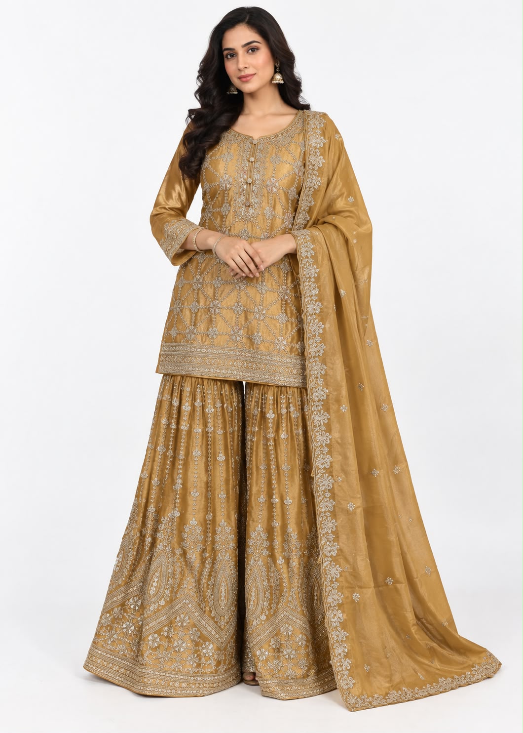 Mustard Gold Embroidered Sharara Suit Set