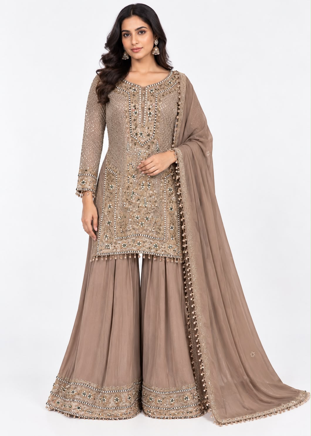 Taupe Embroidered Sharara Suit Set Main image