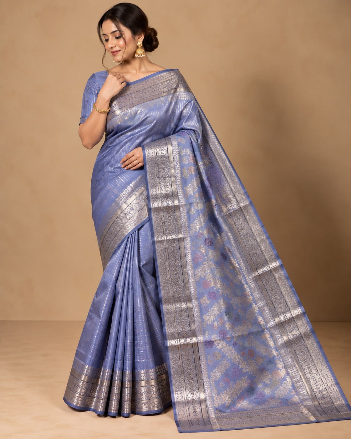 Slate Blue Kanjivaram Silk Saree
