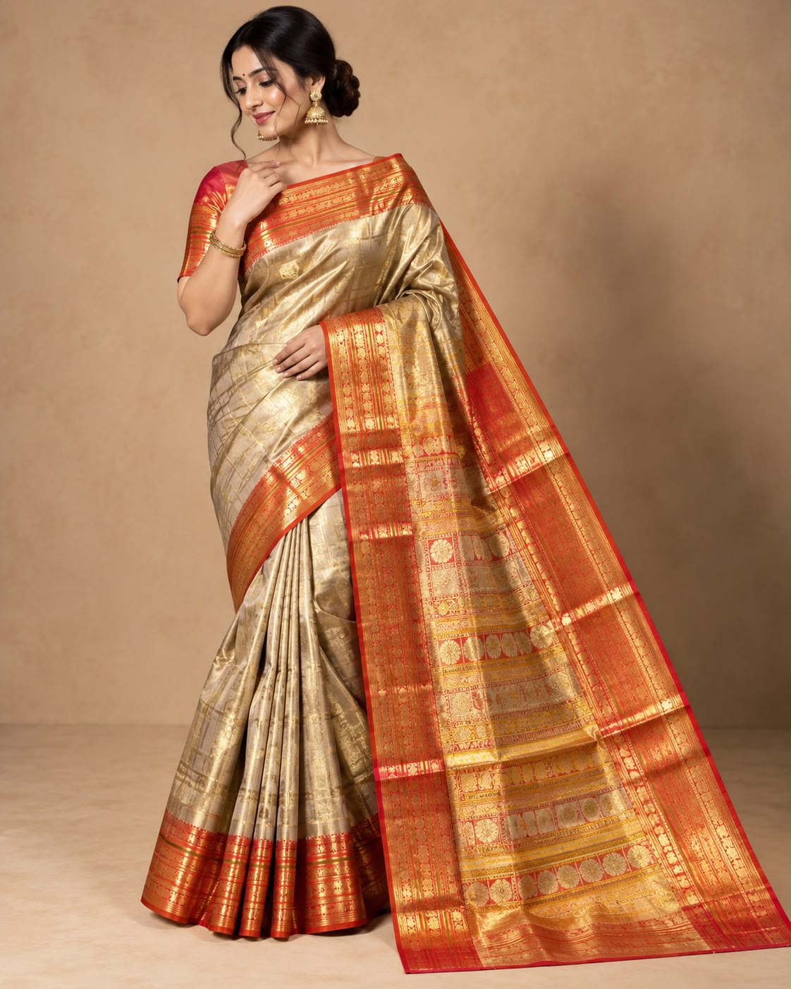 Gold and Red Kanjivaram Silk Saree Main image