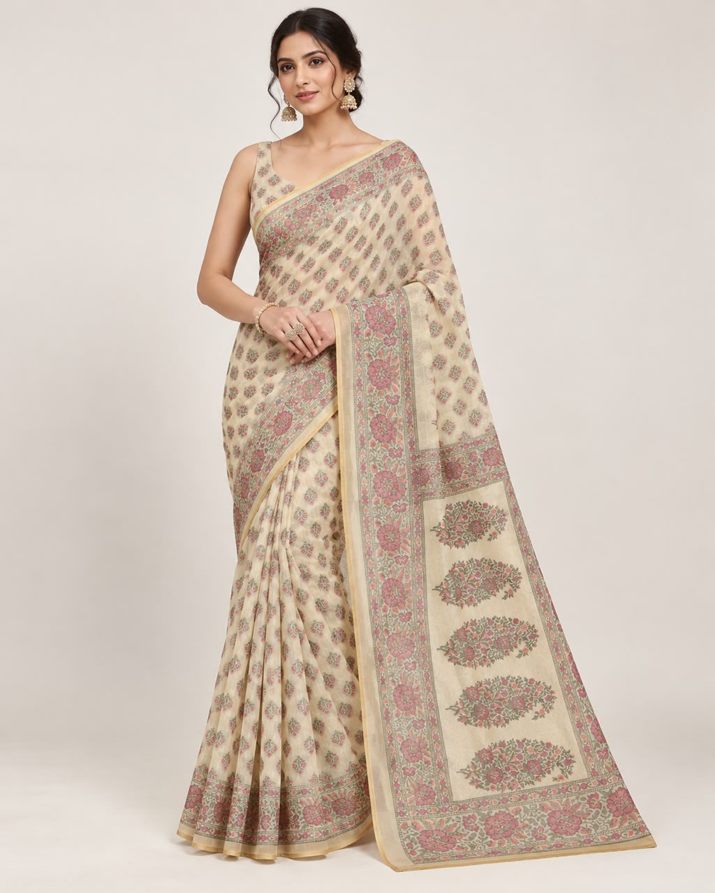 Off-White Floral Meenakari Organza Saree