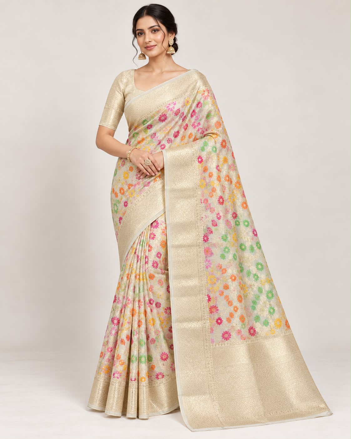 Ivory Pastel Floral Meenakari Banarasi Tissue Saree