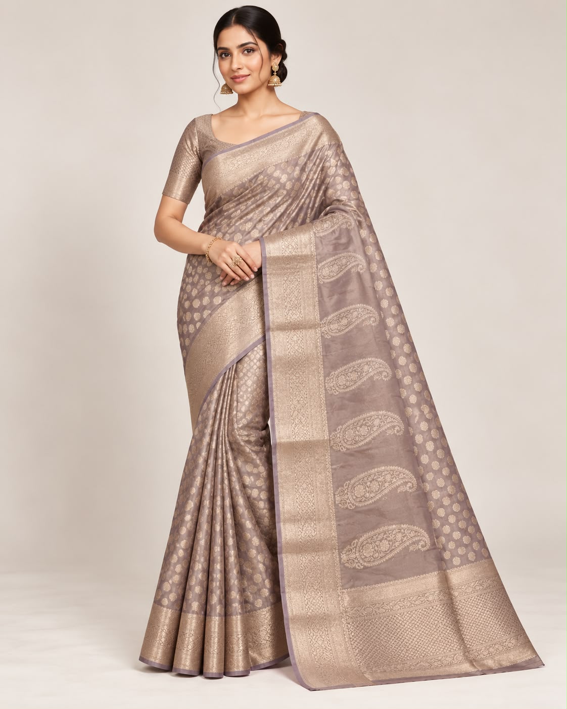 Taupe Paisley Buta Banarasi Tissue Silk Saree Main image