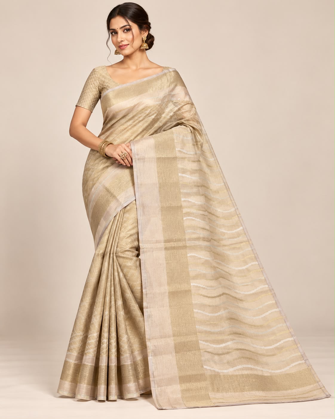 Champagne Gold Metallic Wave Banarasi Tissue Silk Saree