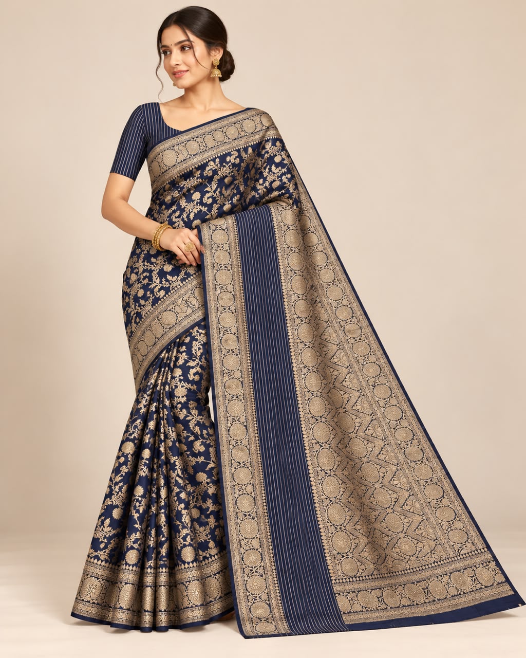 Navy Blue Floral Jaal Banarasi Silk Saree Main image