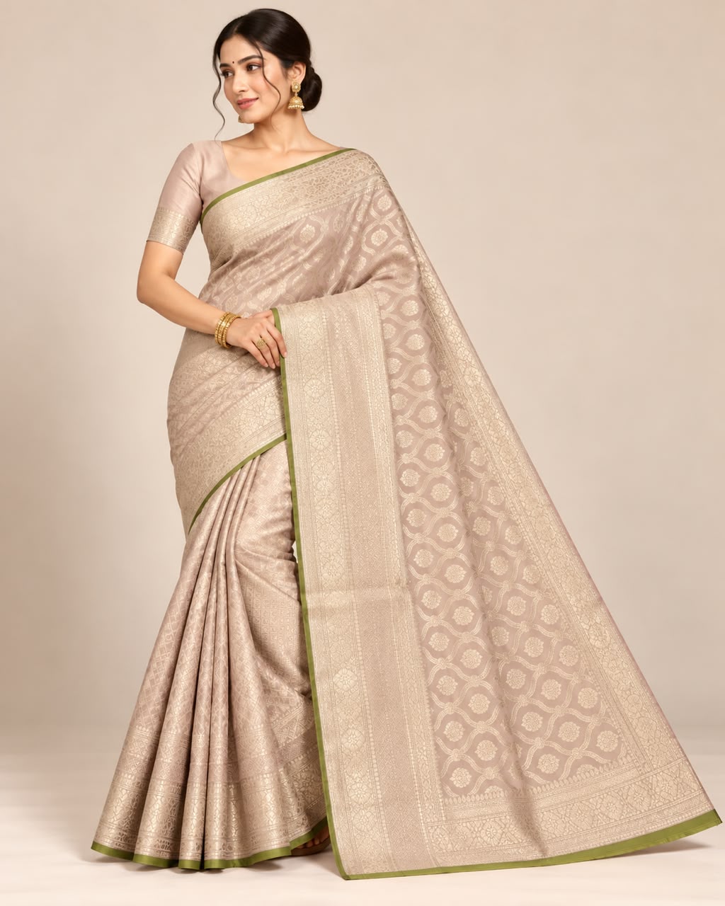 Champagne Beige Banarasi Silk Saree with Olive Green Border