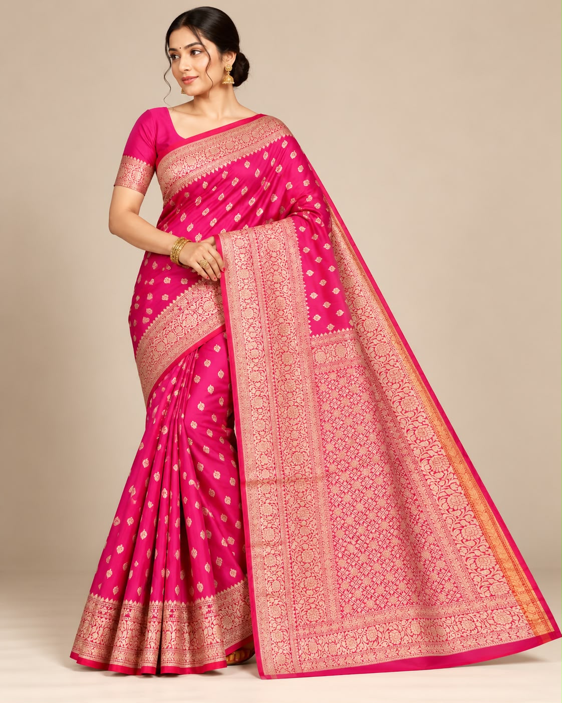 Rani Pink Banarasi Silk Saree with Golden Zari Work