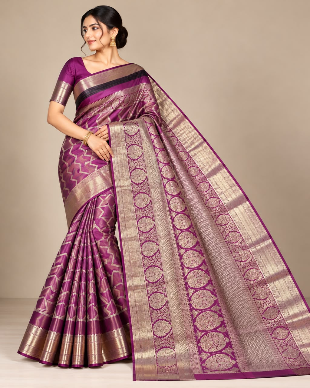 Magenta Purple Chevron Ikat Banarasi Katan Silk Saree with Blouse Main image