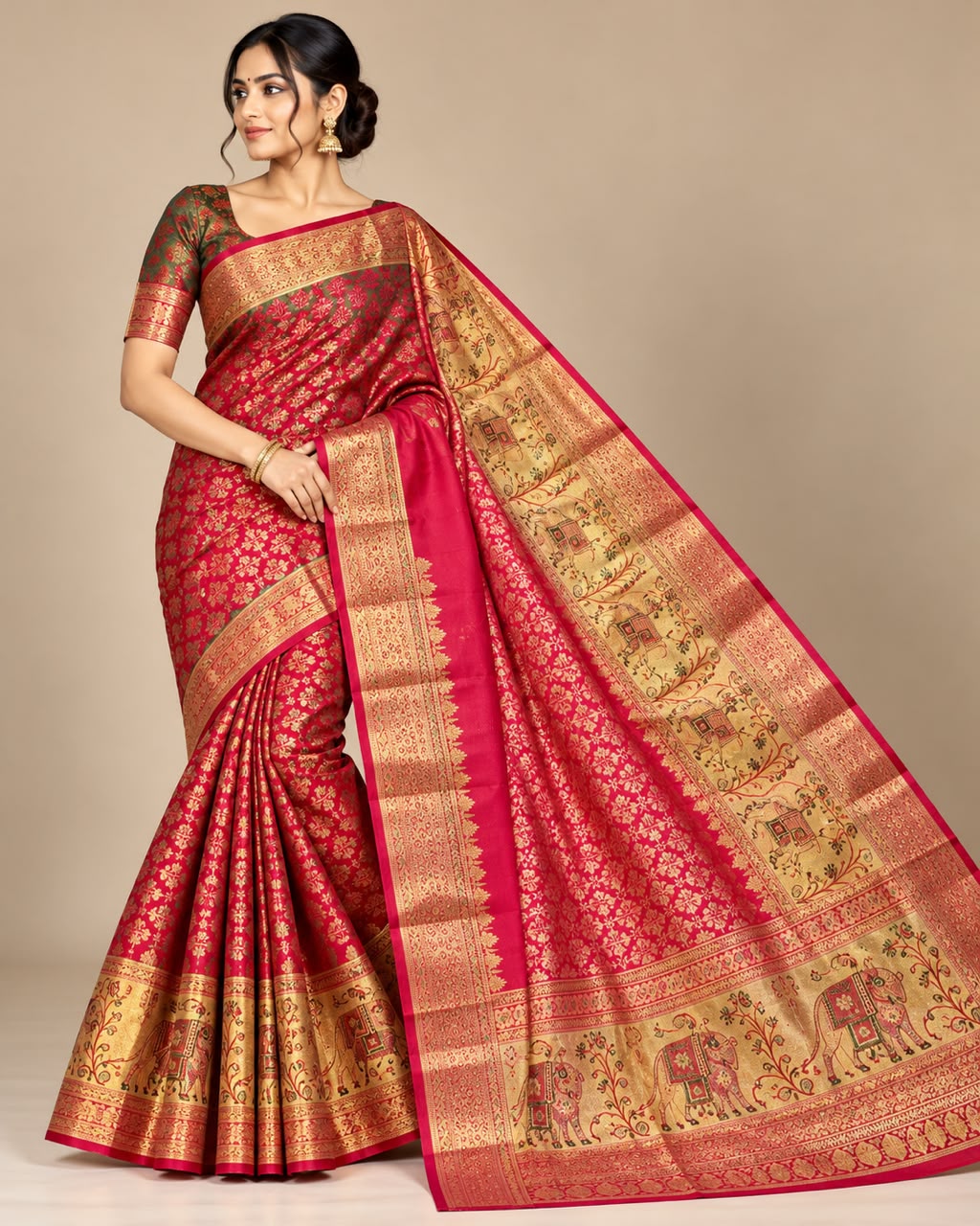 Rani Pink Pichwai Elephant Banarasi Silk Saree