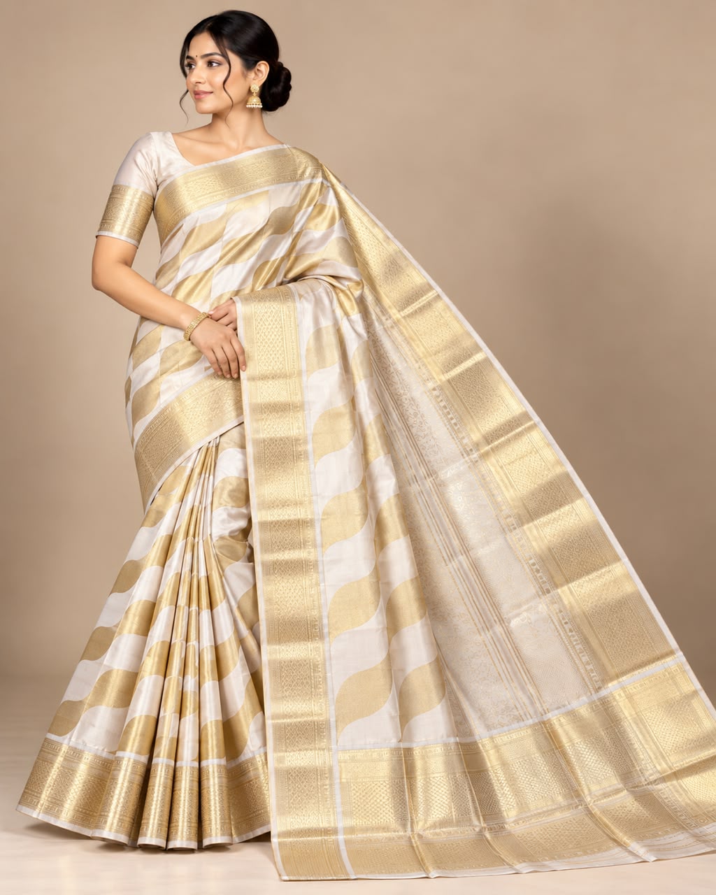 Ivory Gold Wave Banarasi Silk Saree