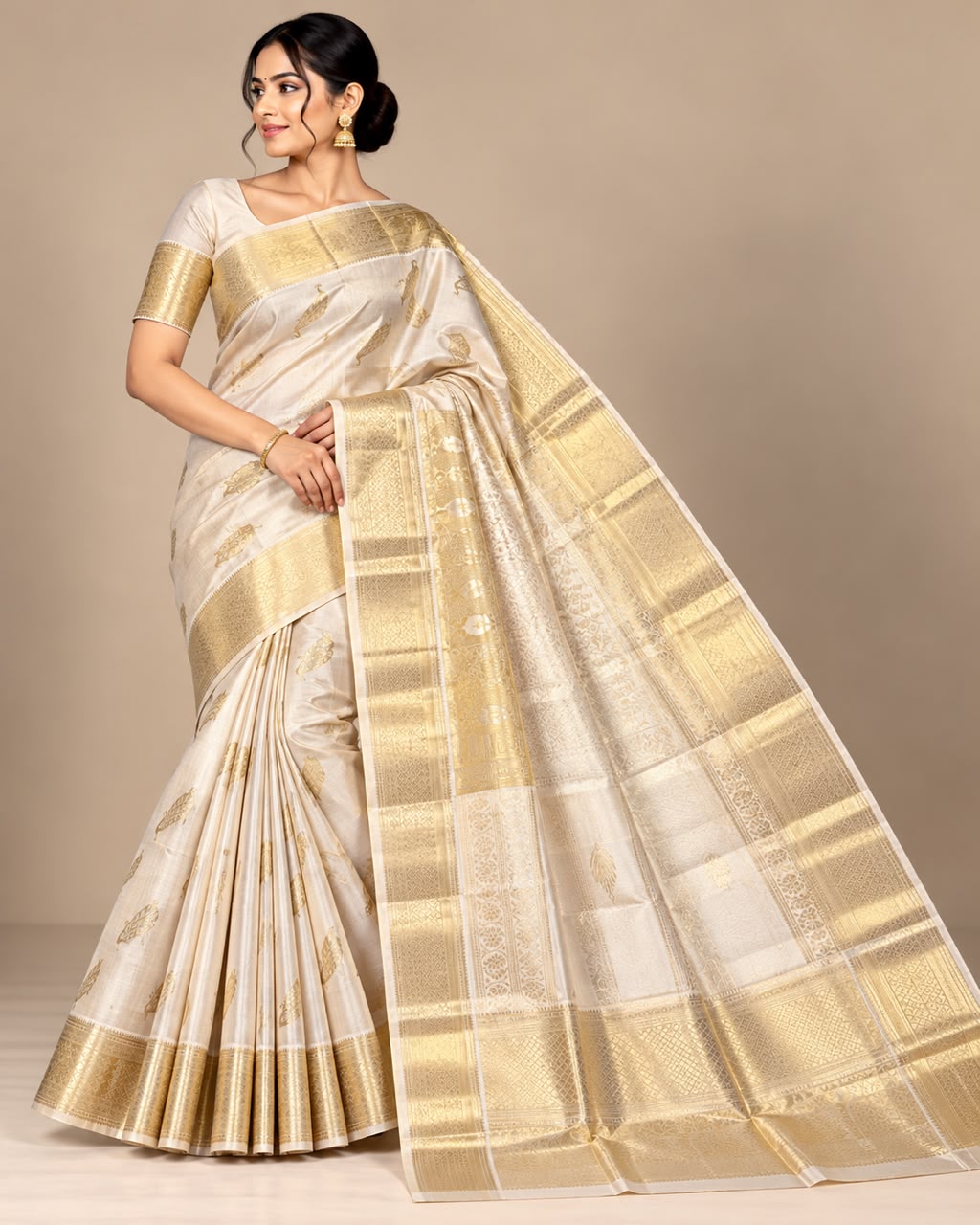 Ivory Peacock Feather Banarasi Silk Saree Main image