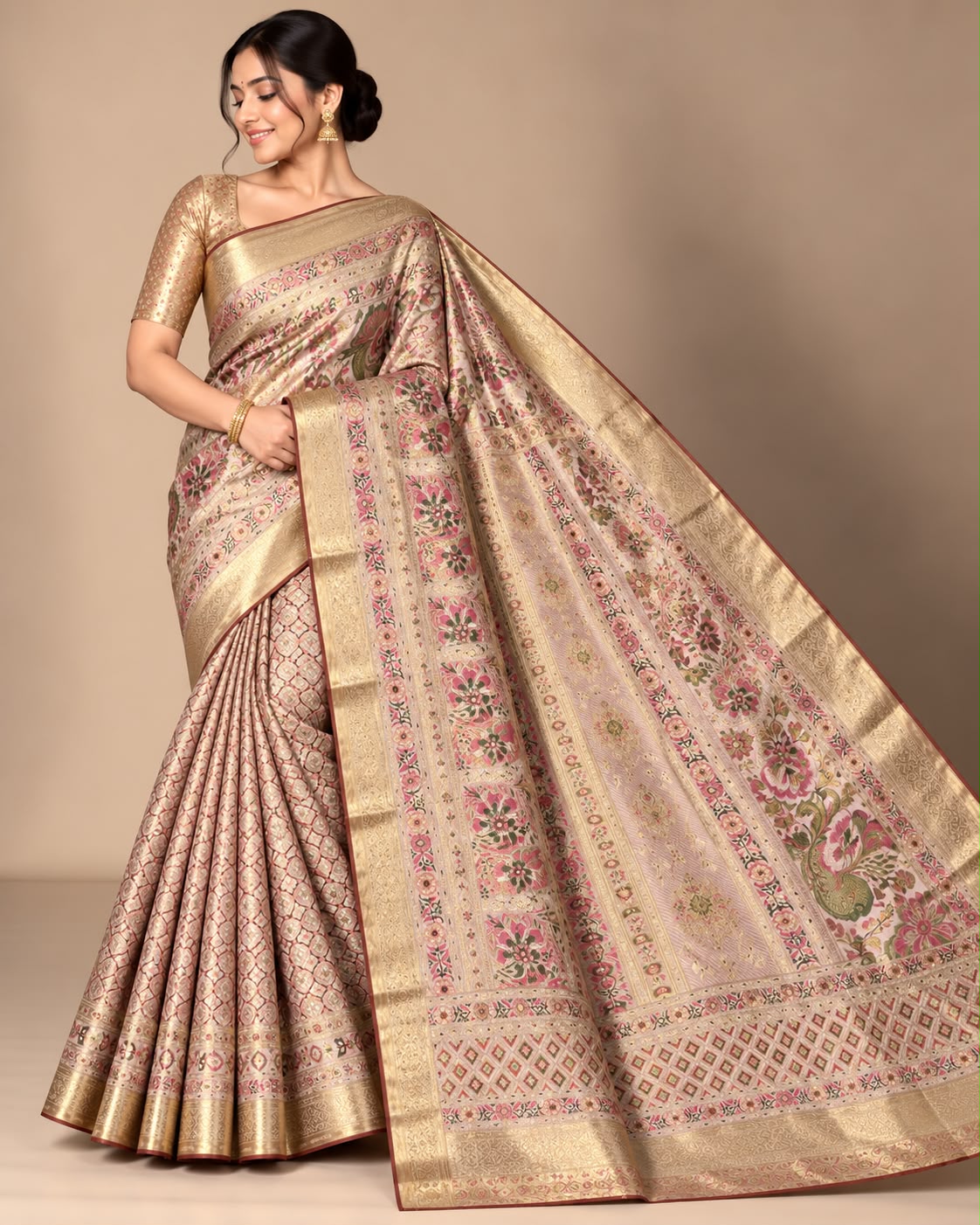 Blush Pink Handwoven Meenakari Banarasi Tissue Silk Saree with Blouse Main image