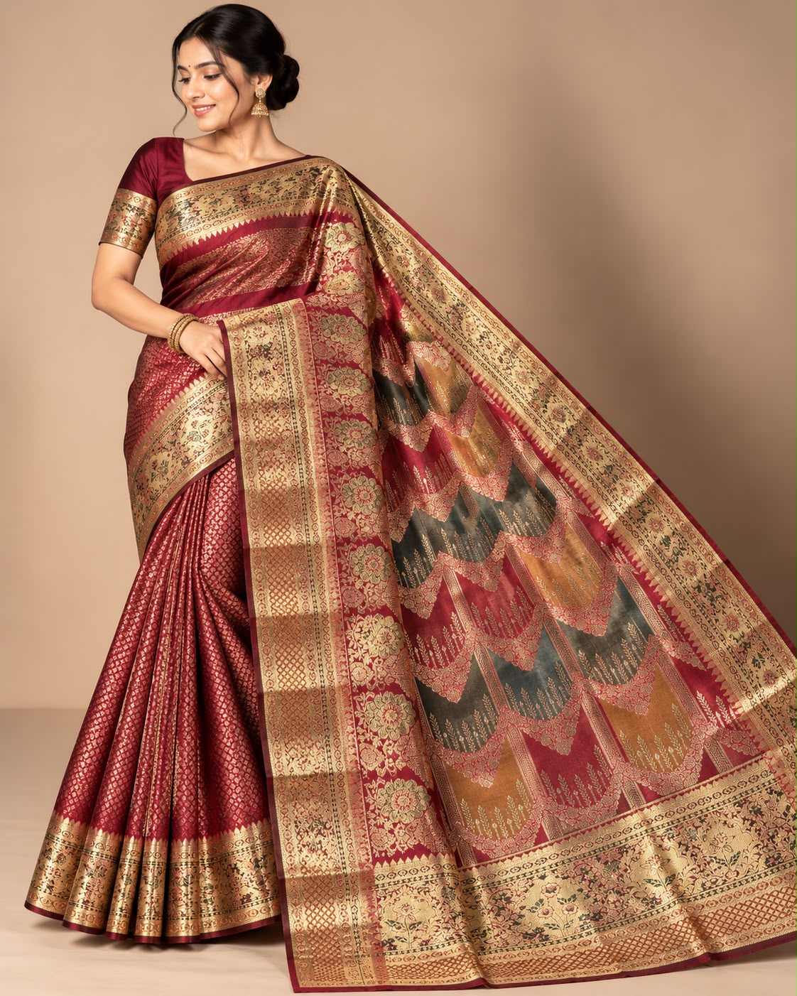 Maroon Handwoven Chevron Ikat Banarasi Silk Saree with Blouse