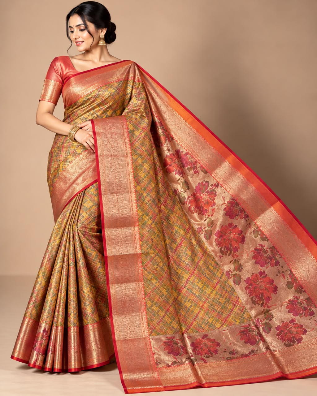 Multicolour Check Handwoven Banarasi Tissue Silk Saree with Blouse Main image