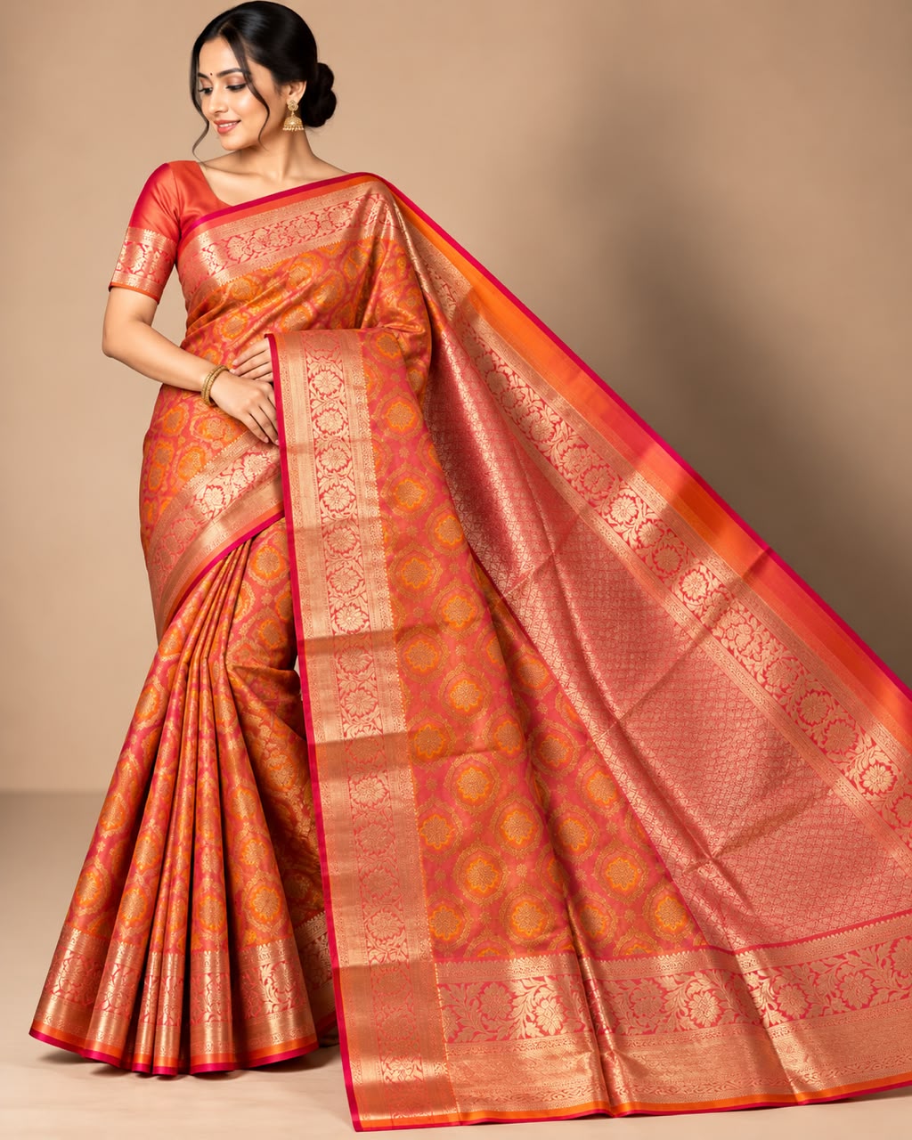 Tangerine Orange & Rani Pink Handwoven Banarasi Katan Silk Saree with Blouse