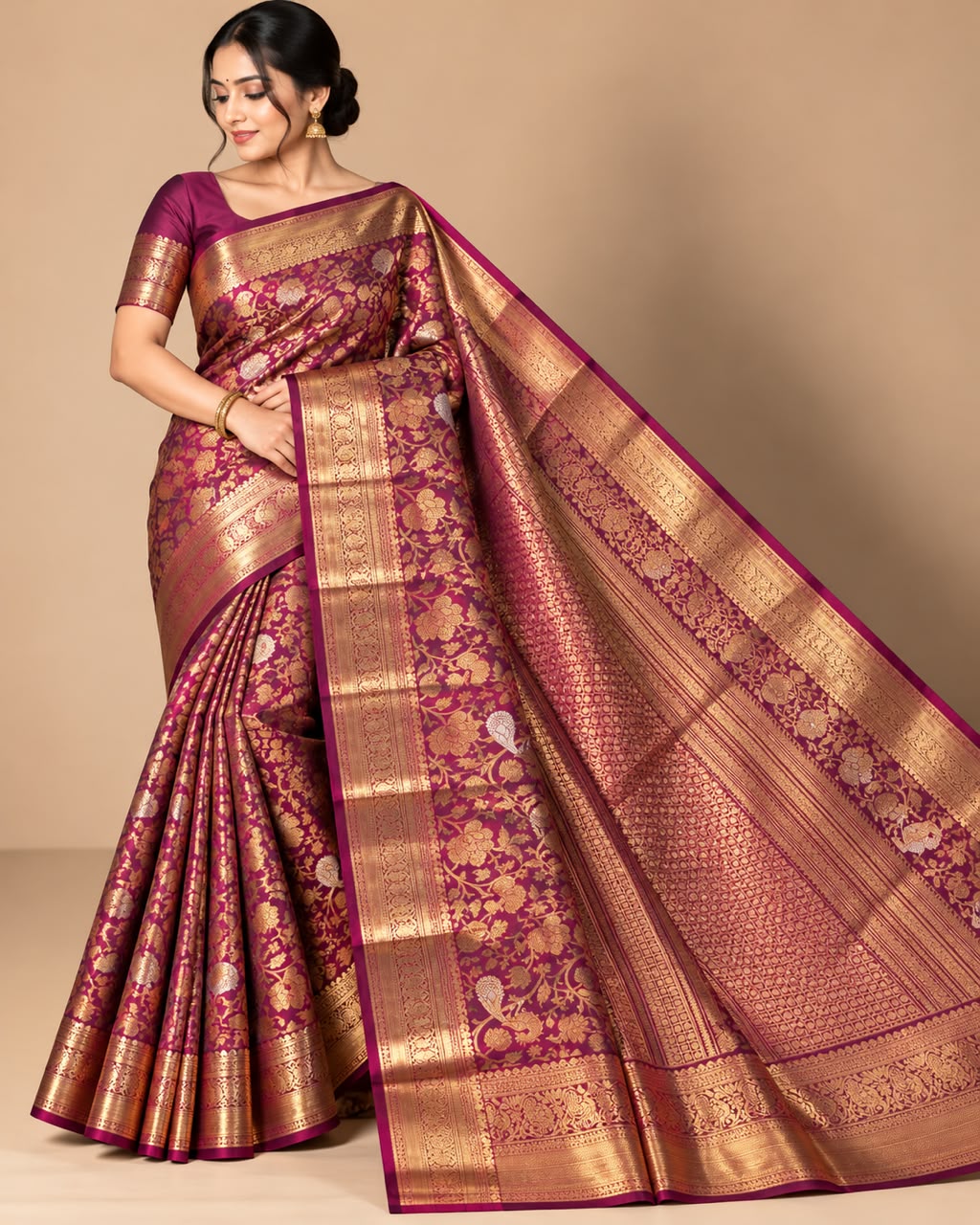 Plum Purple Sona-Rupa Peacock Banarasi Saree