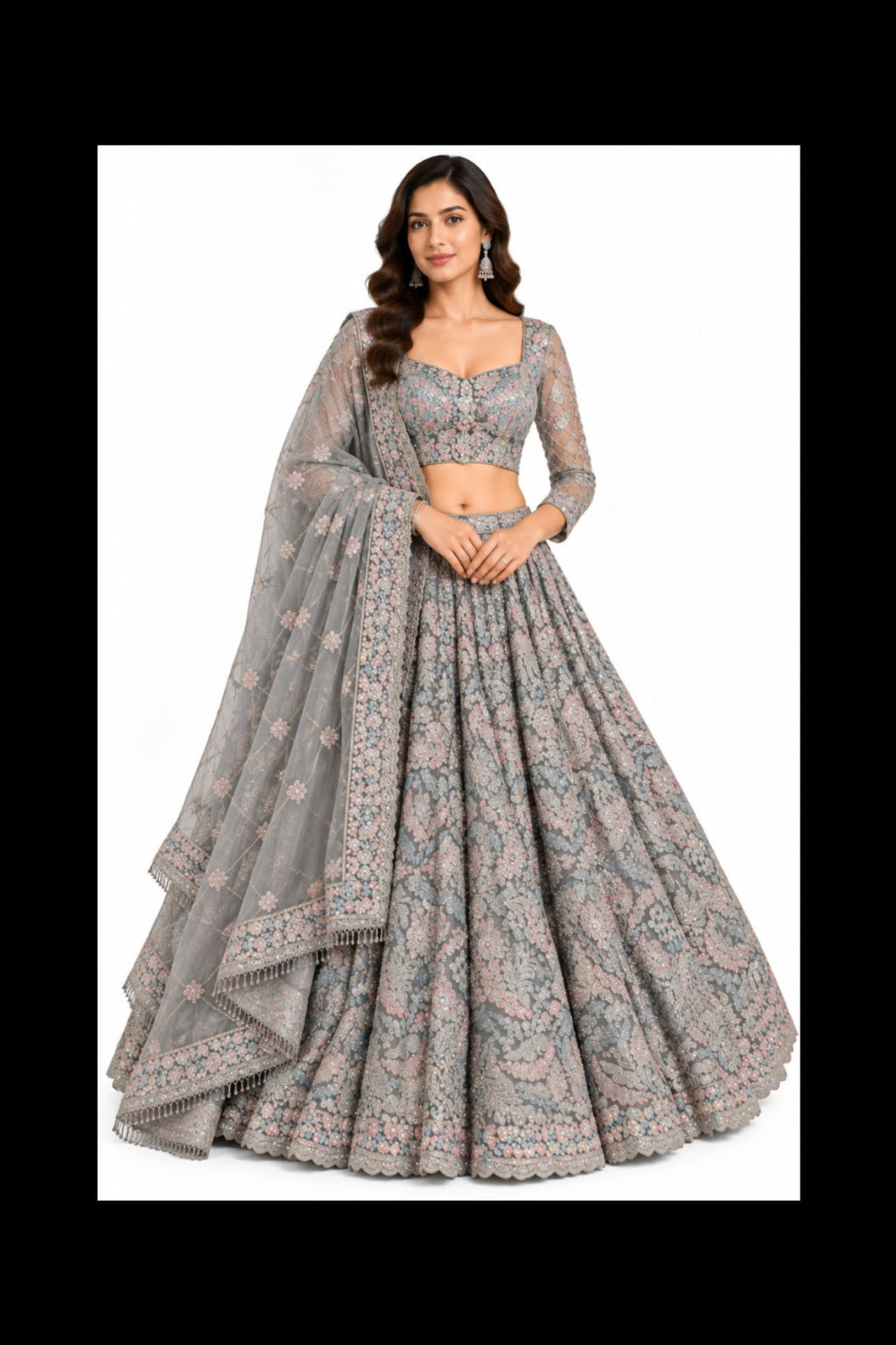 Ice Blue Floral Embroidered Bridal Lehenga