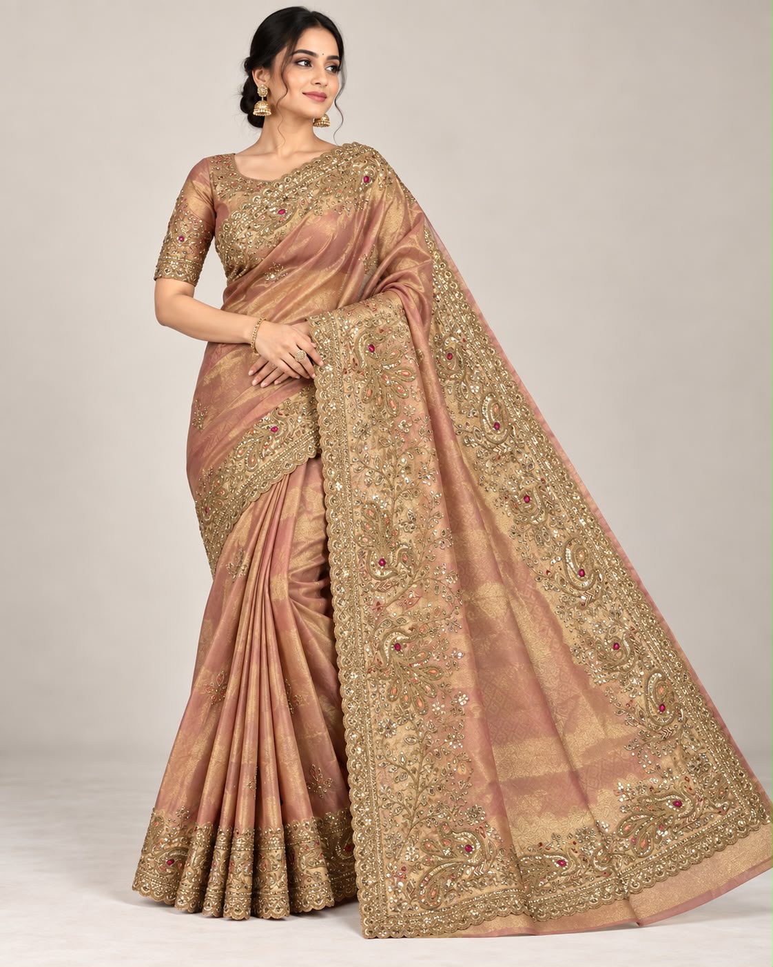 Rose Gold Embroidered Peacock Banarasi Tissue Silk Saree Main image