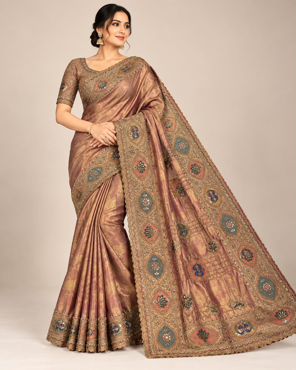 Mauve Gold Embroidered Banarasi Tissue Silk Saree