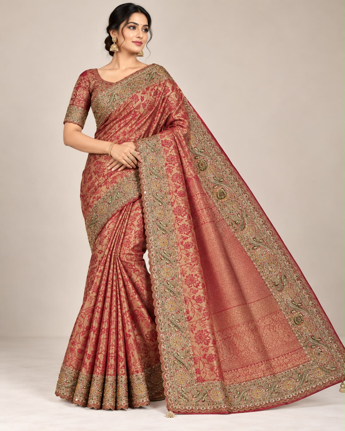 Crimson Red Floral Jaal Embroidered Banarasi Georgette Saree