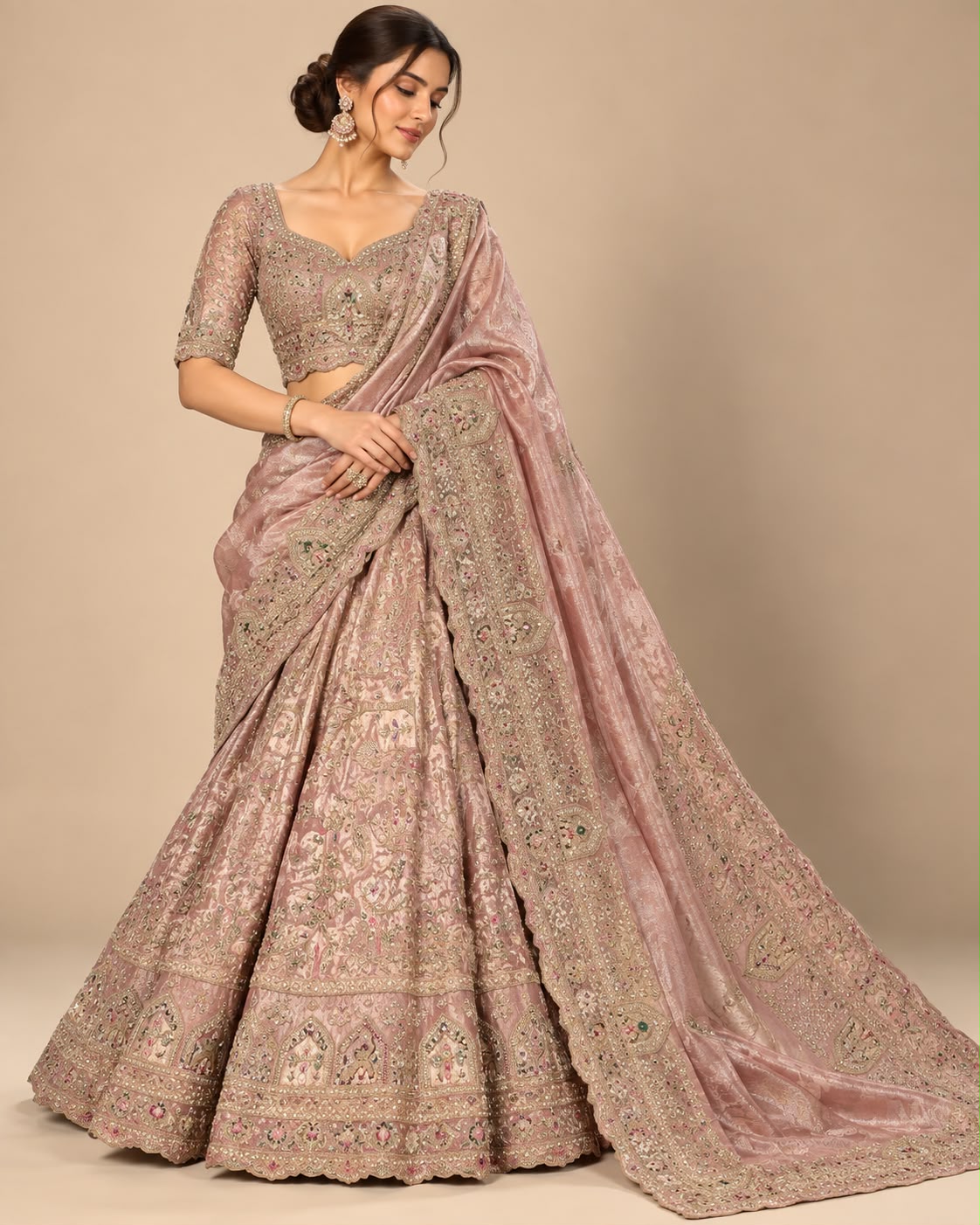 Dusty Rose Scalloped Elephant Embroidered Tissue Silk Saree Main image