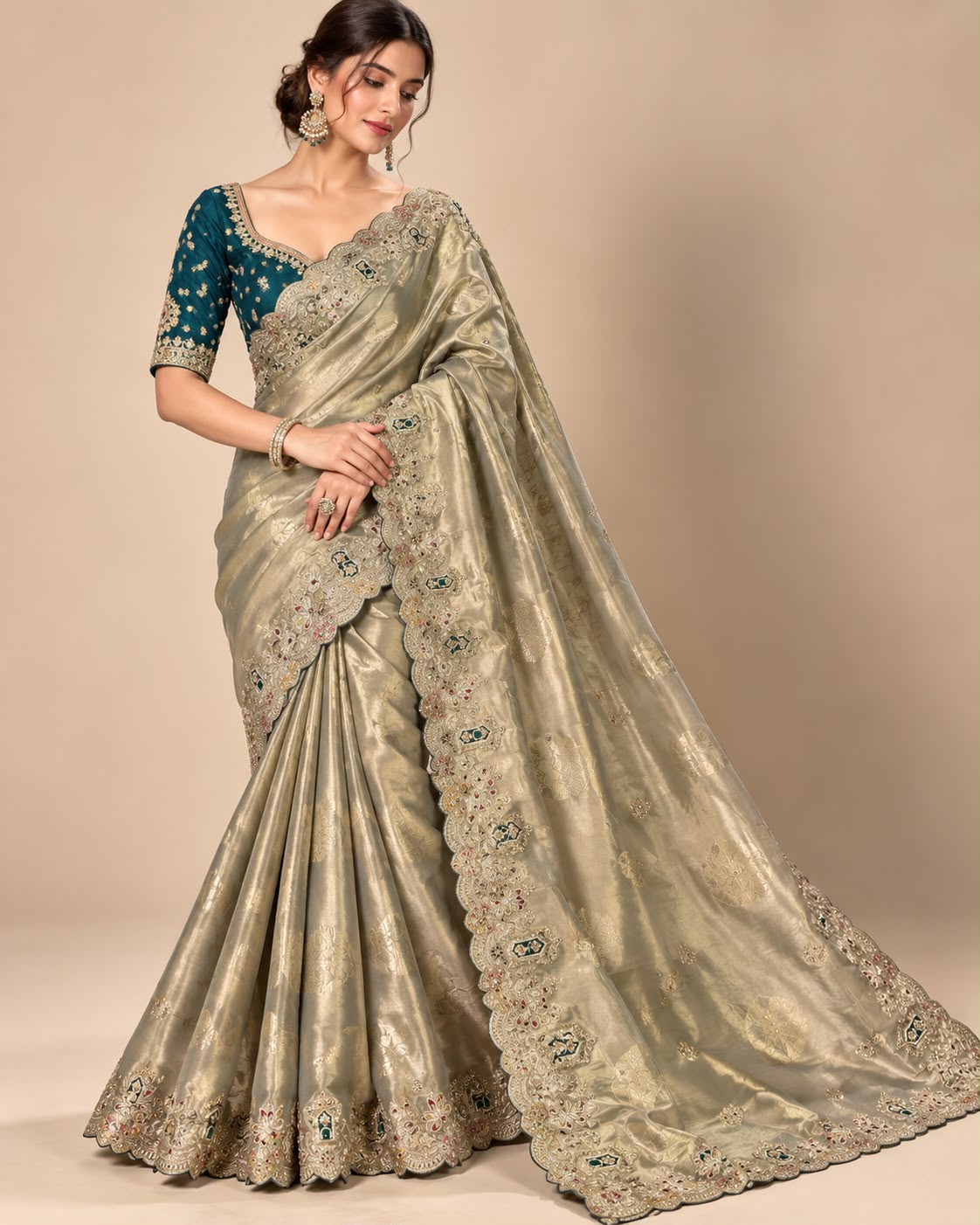 Sage Green Scalloped Embroidered Tissue Silk Saree Main image