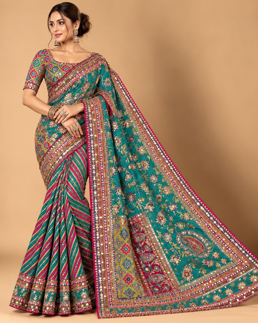 Teal Green and Rani Pink Embroidered Silk Saree Main image