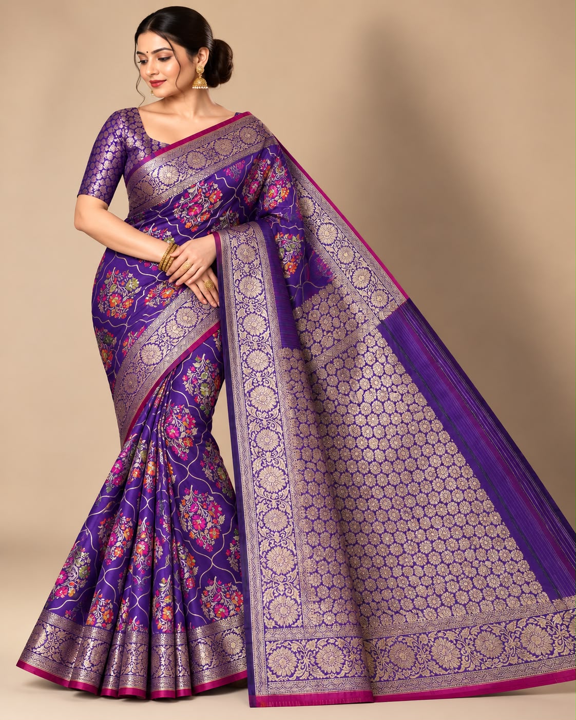 Royal Purple Handwoven Meenakari Banarasi Katan Silk Saree with Blouse