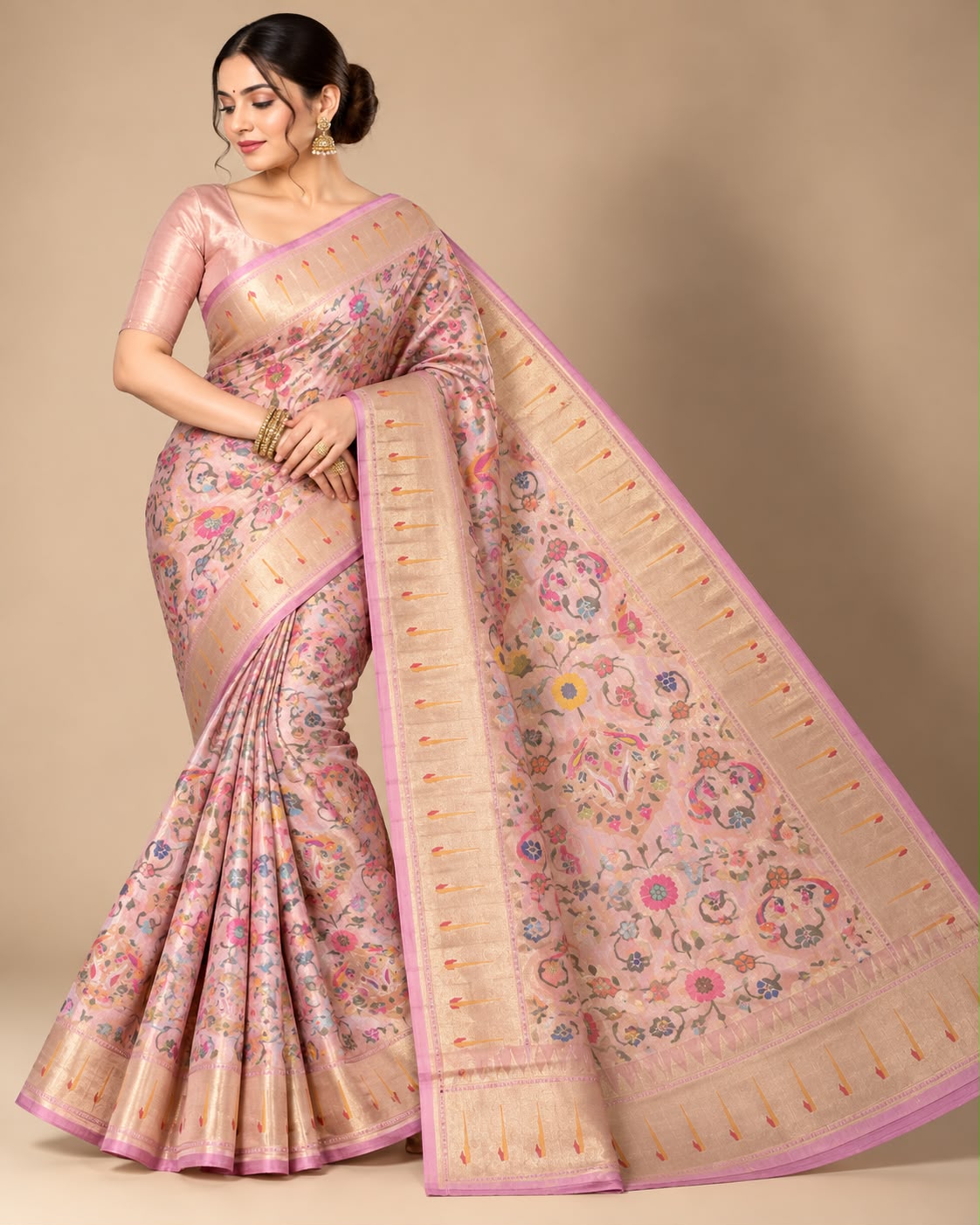 Pinkish Beige Handwoven Shikargah Banarasi Tissue Silk Saree with Blouse