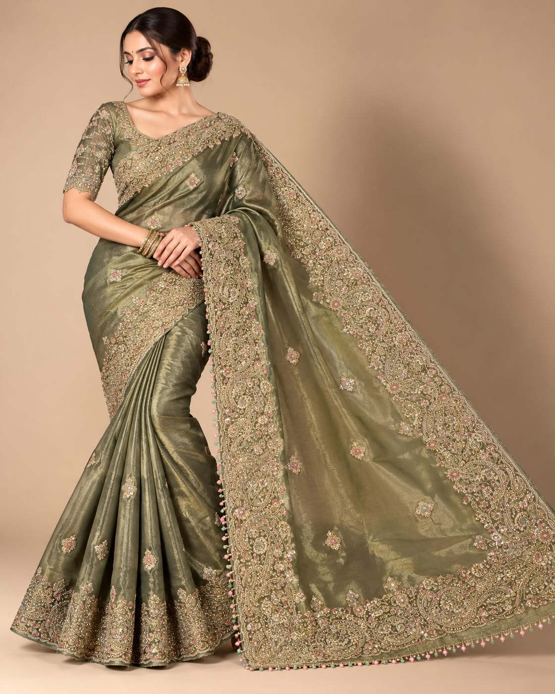 Elegant Olive Green & Gold Paisley Embroidered Saree Set Main image