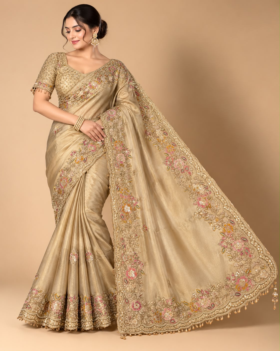 Chic Chikko & Gold Floral Embroidered Saree Set Main image