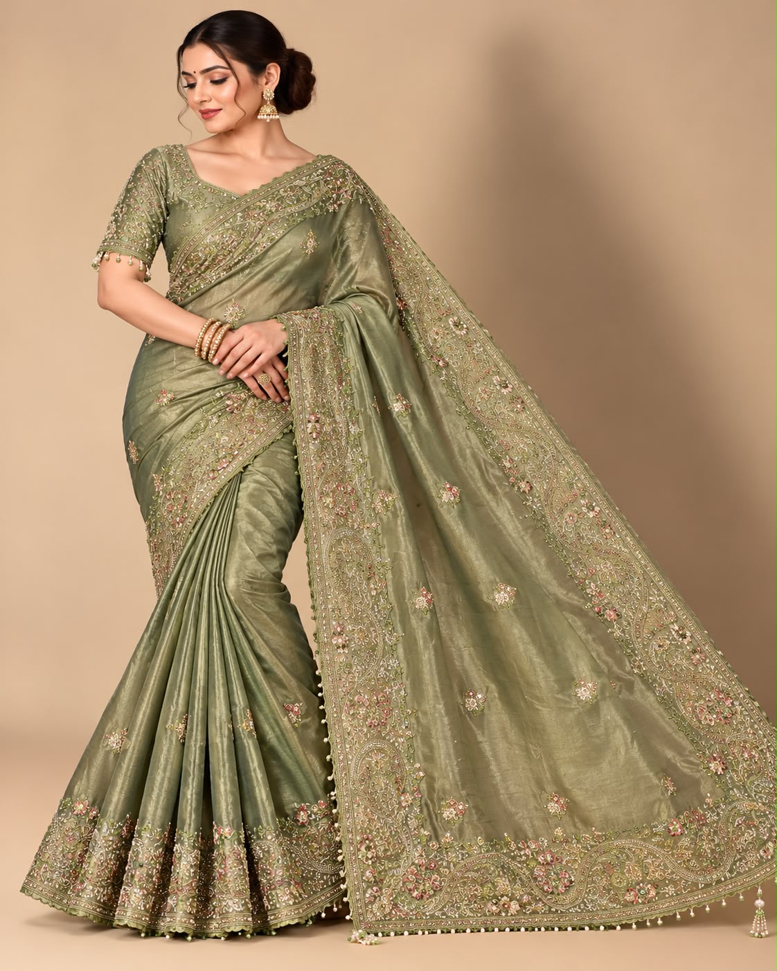 Elegant Olive Green &amp; Floral Embroidered Saree Set
