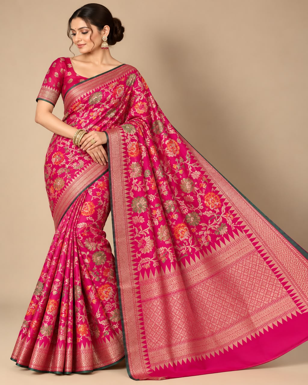 Vibrant Rani Pink &amp; Gold Handloom Banarasi Saree Set Main image