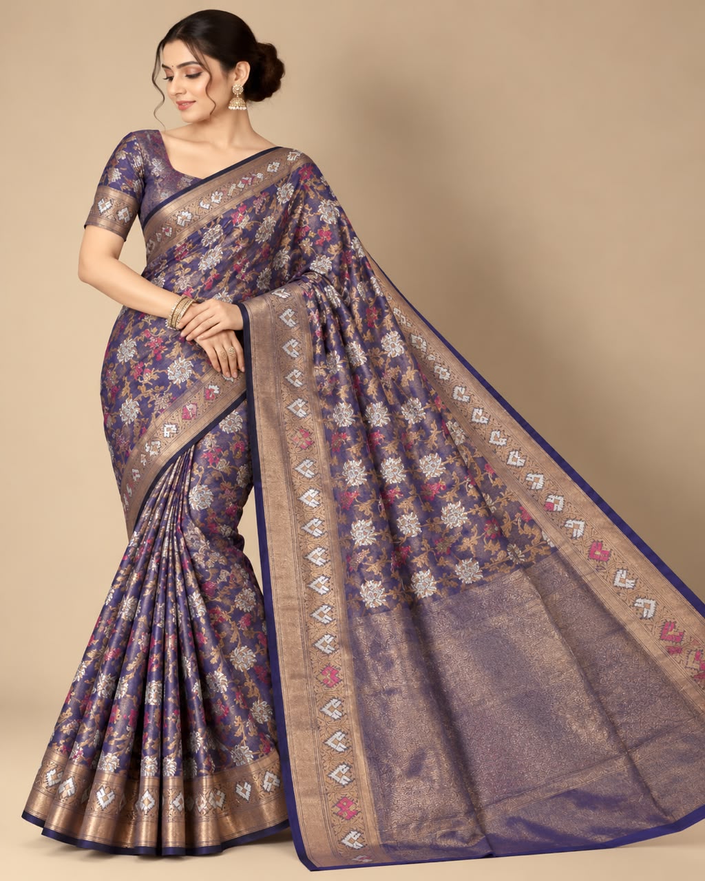 Regal Purple &amp; Silver Woven Banarasi Saree Set Main image