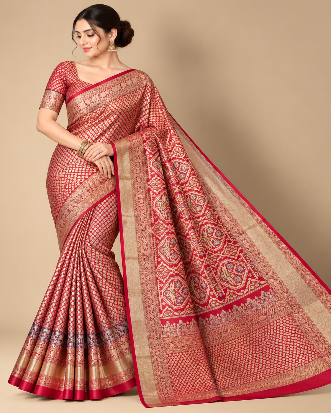 Crimson Red &amp; Gold Traditional Bridal Banarasi Saree Set Main image
