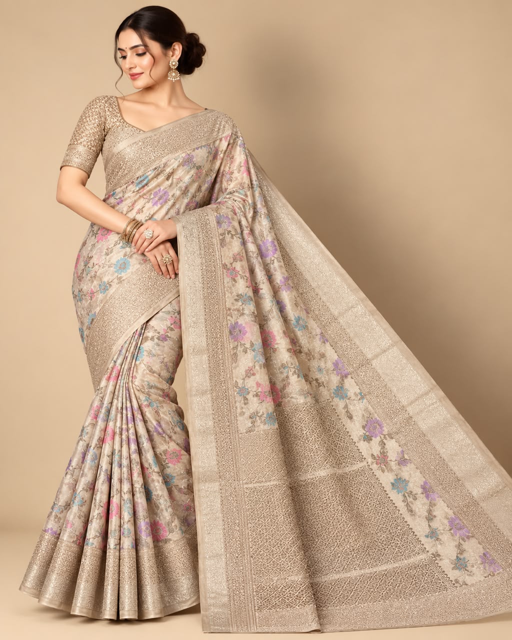 Ivory &amp; Pastel Floral Woven Banarasi Saree Set Main image