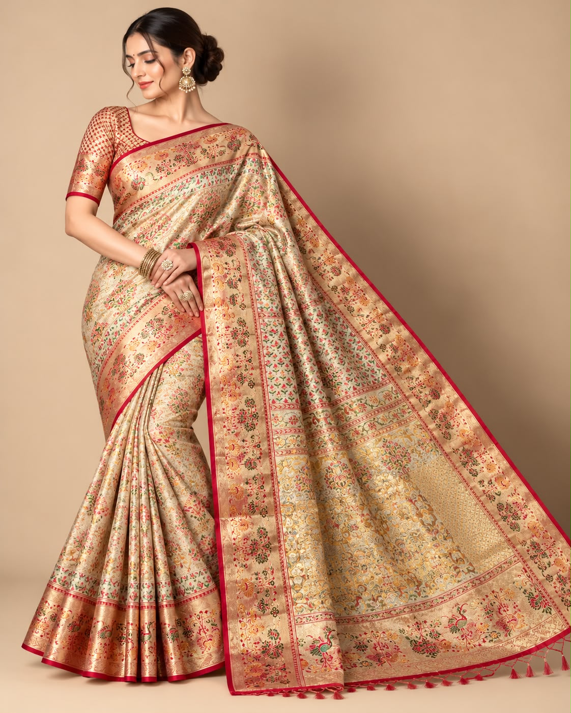Mustard Gold Floral Jamdani Silk Saree with Crimson Peacock Border & B ...