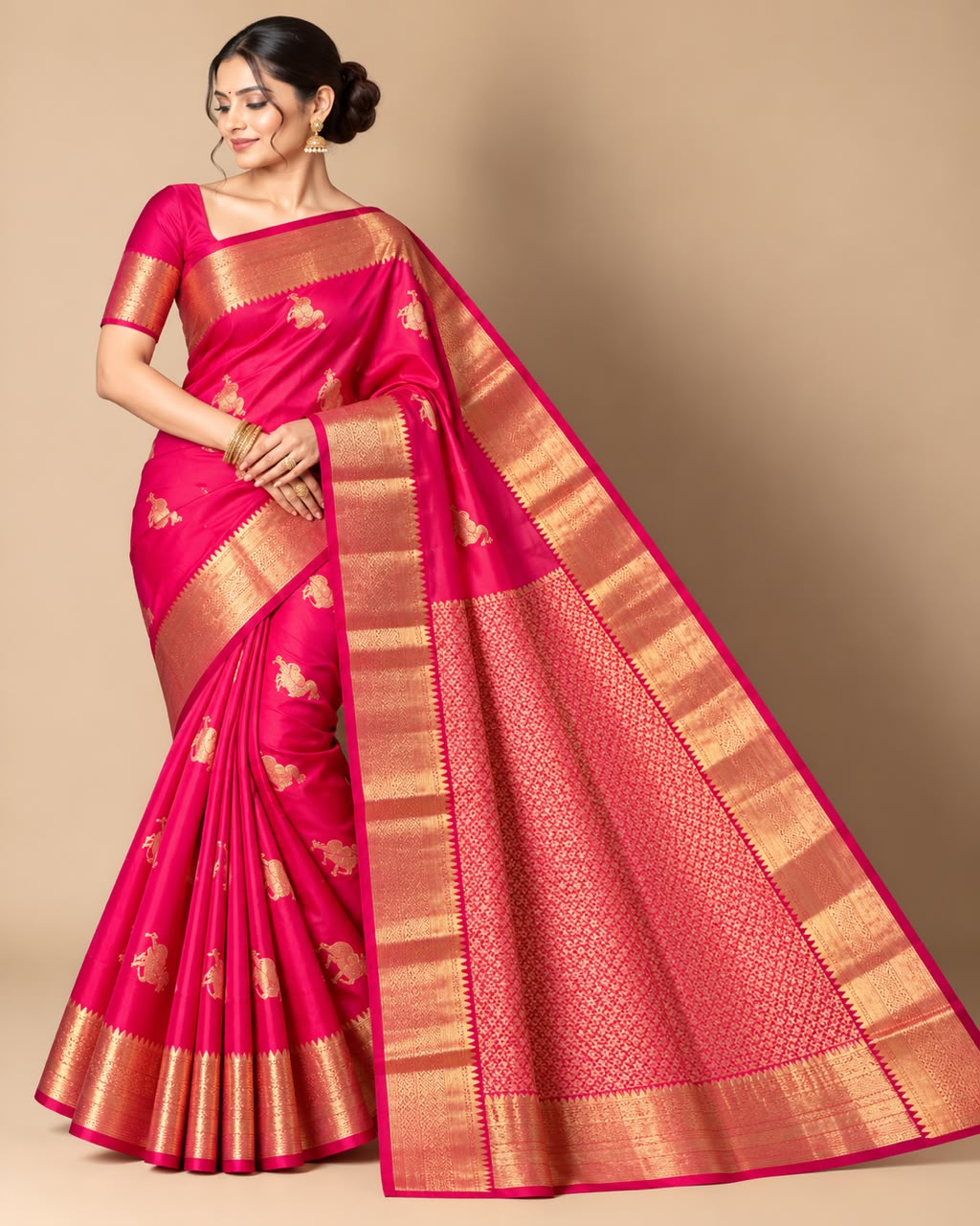 Vibrant Pink & Gold Peacock-Motif Traditional Silk Saree Set Main image