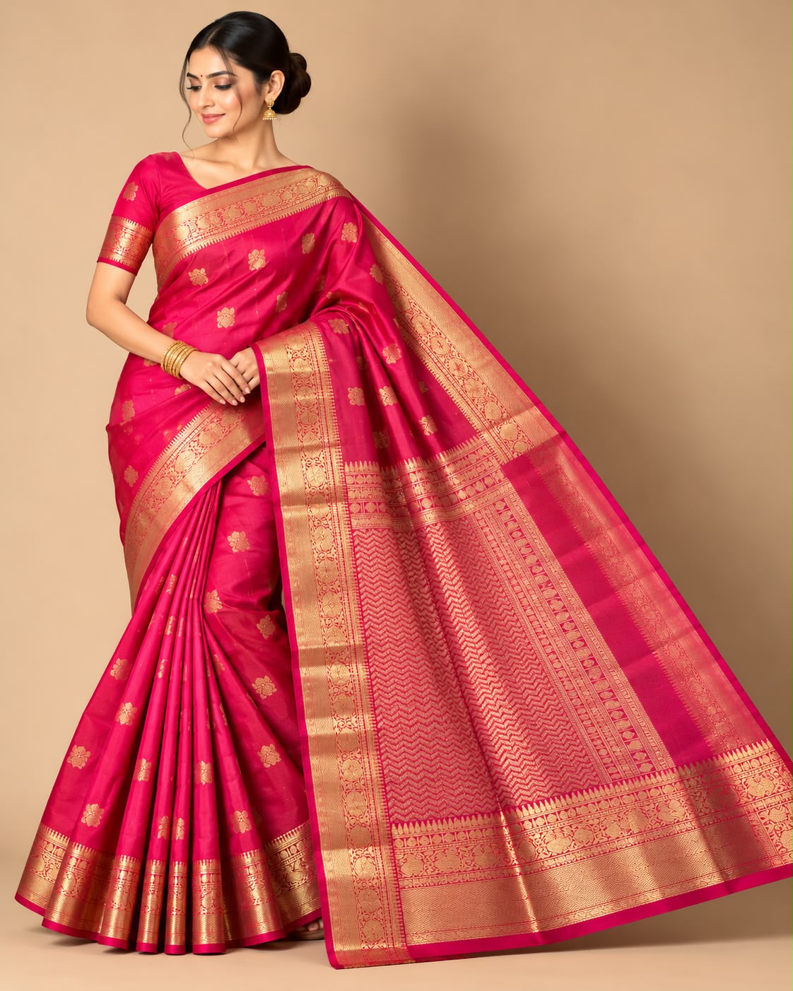 Vibrant Pink &amp; Gold Zari Traditional Silk Saree Set Main image