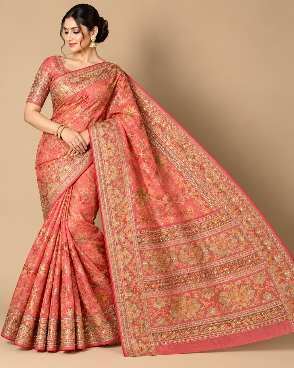 Coral Pink &amp; Gold Floral Embroidered Saree Set