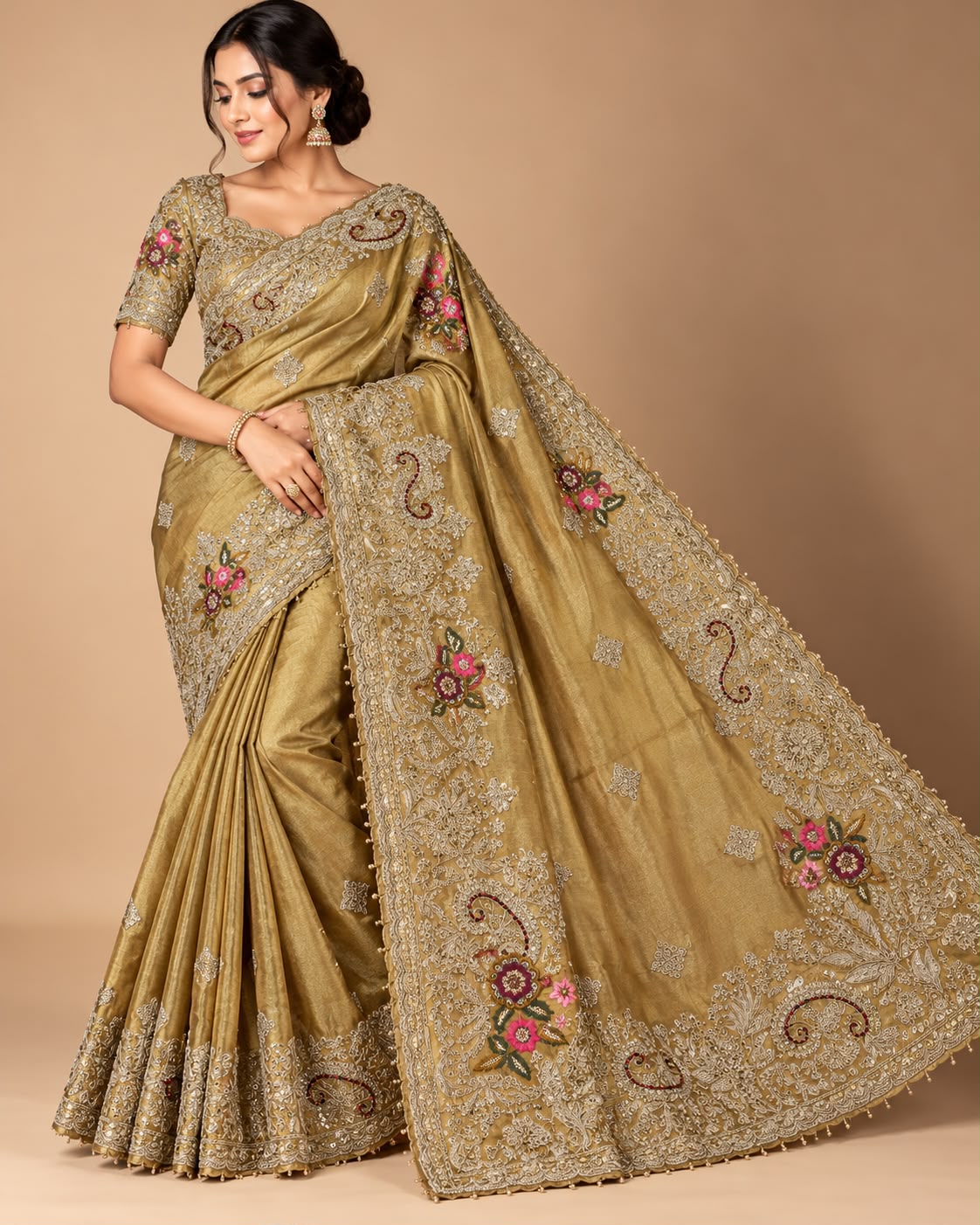 Antique Gold Embroidered Silk Saree with Blouse