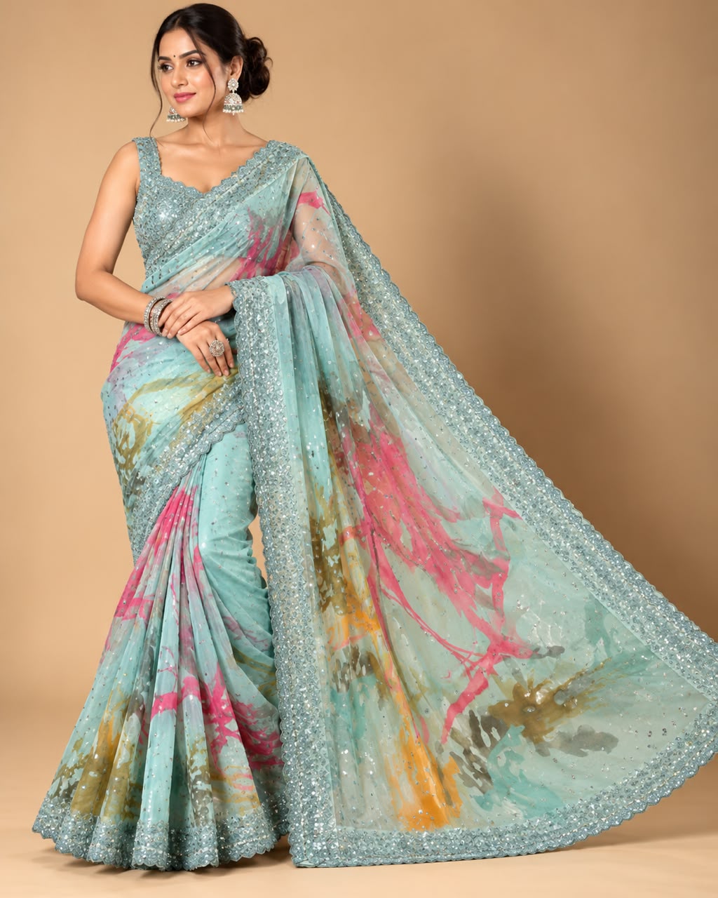 Aqua Blue Abstract Printed Organza Saree with Blouse Main image