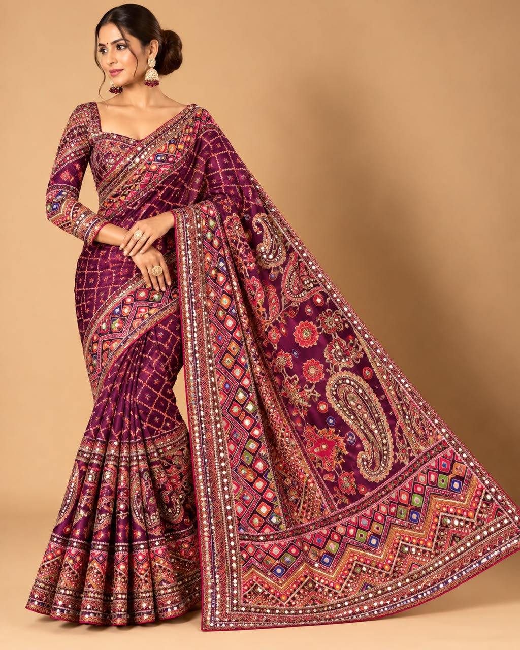 Wine Purple Bandhani Printed &amp; Kalamkari Embroidered Silk Saree with Blouse