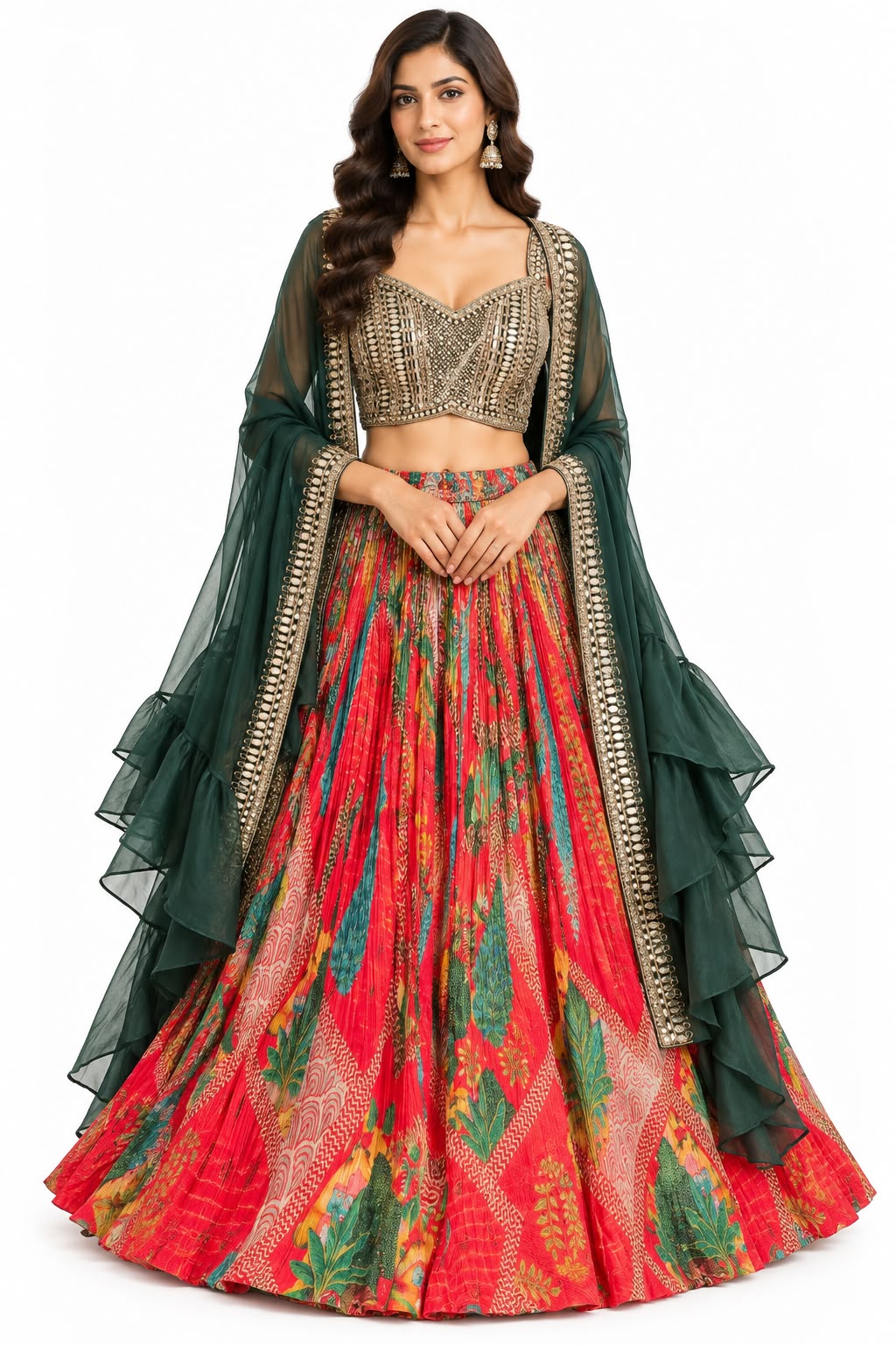Green Embellished Blouse with Printed Lehenga