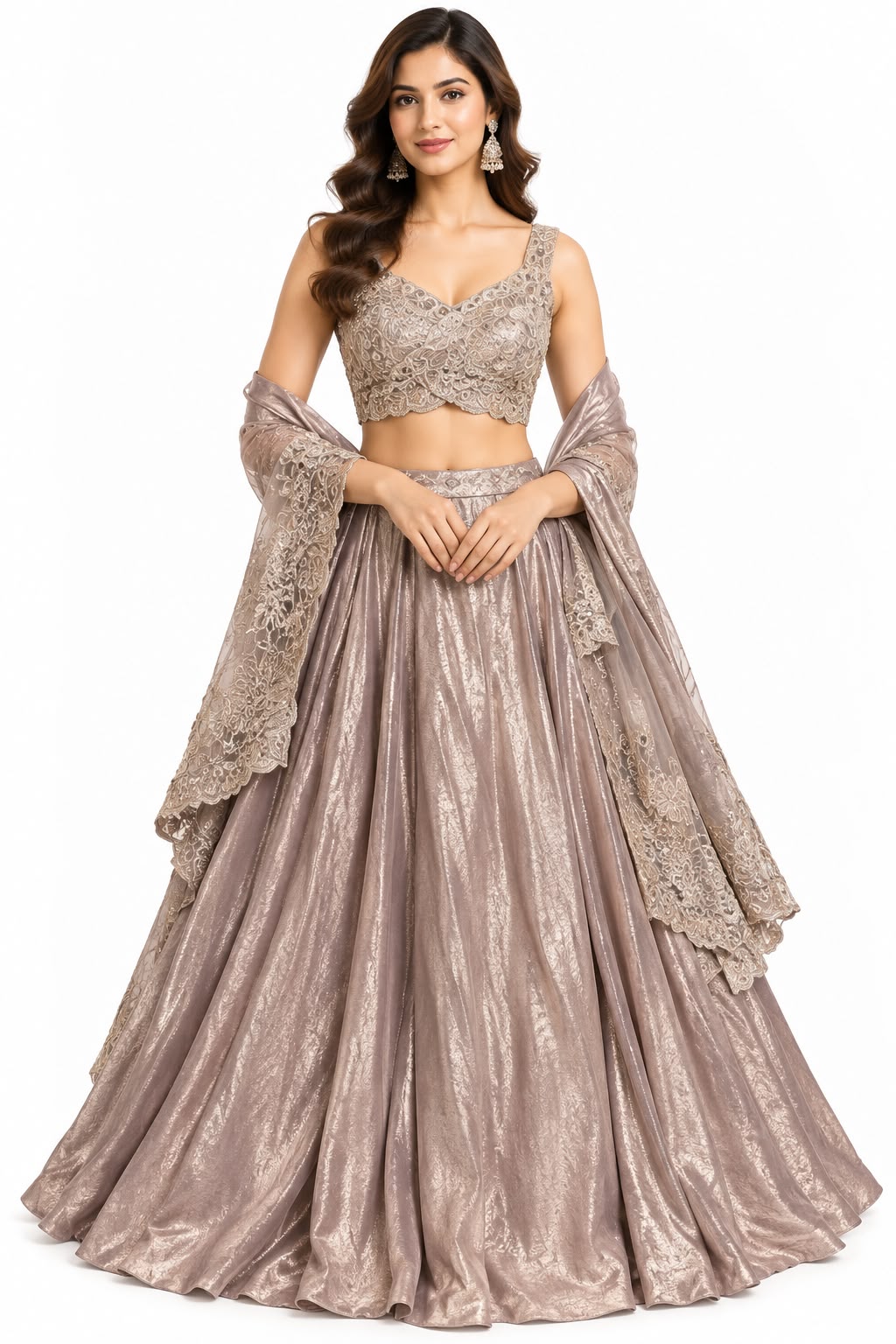 Taupe Shimmer Lehenga with Embroidered Blouse