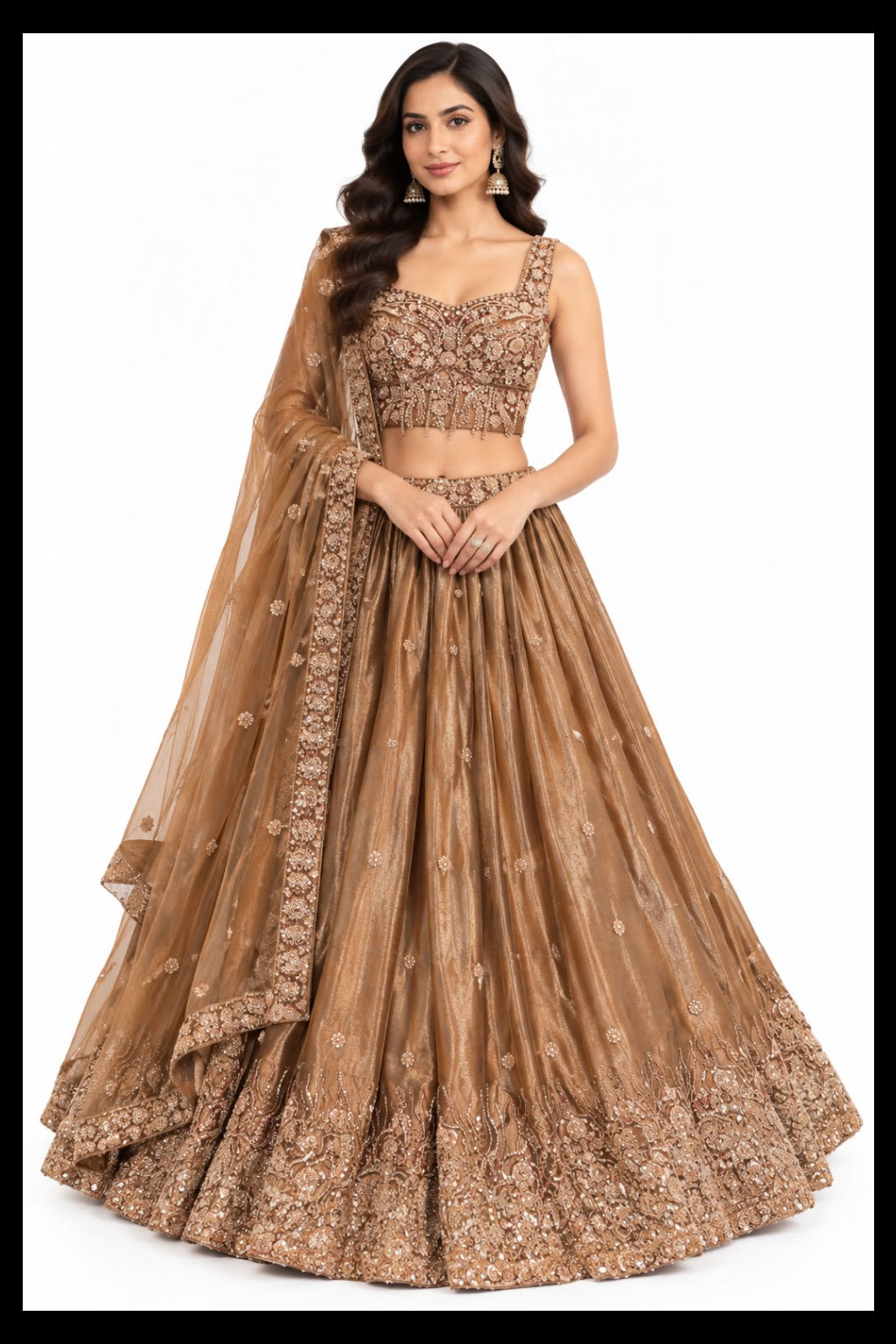 Brown Embellished Lehenga with Sheer Dupatta