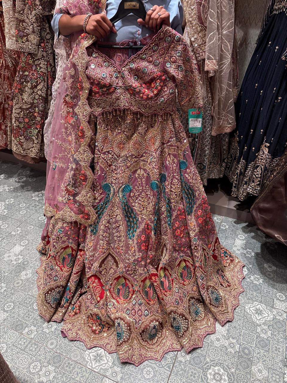 Onion Pink Peacock Embroidered Bridal Lehenga