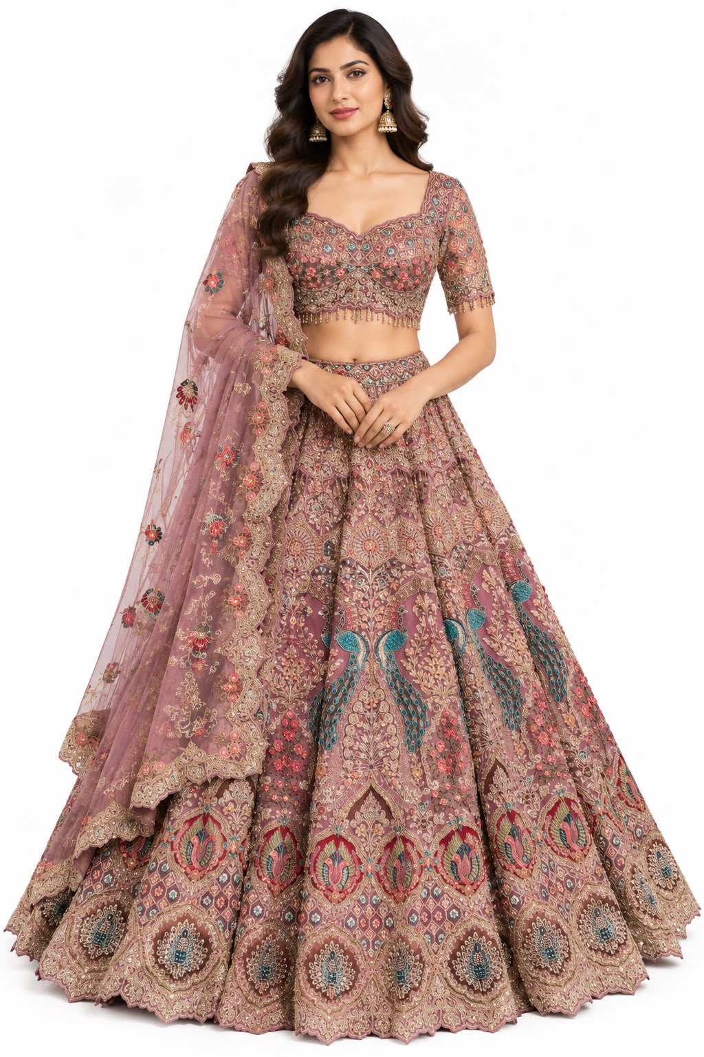 Onion Pink Peacock Embroidered Bridal Lehenga Main image