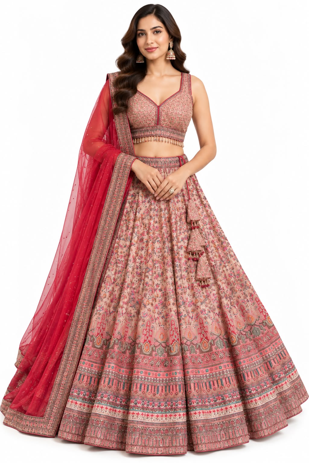 Peach Floral Lehenga with Red Dupatta