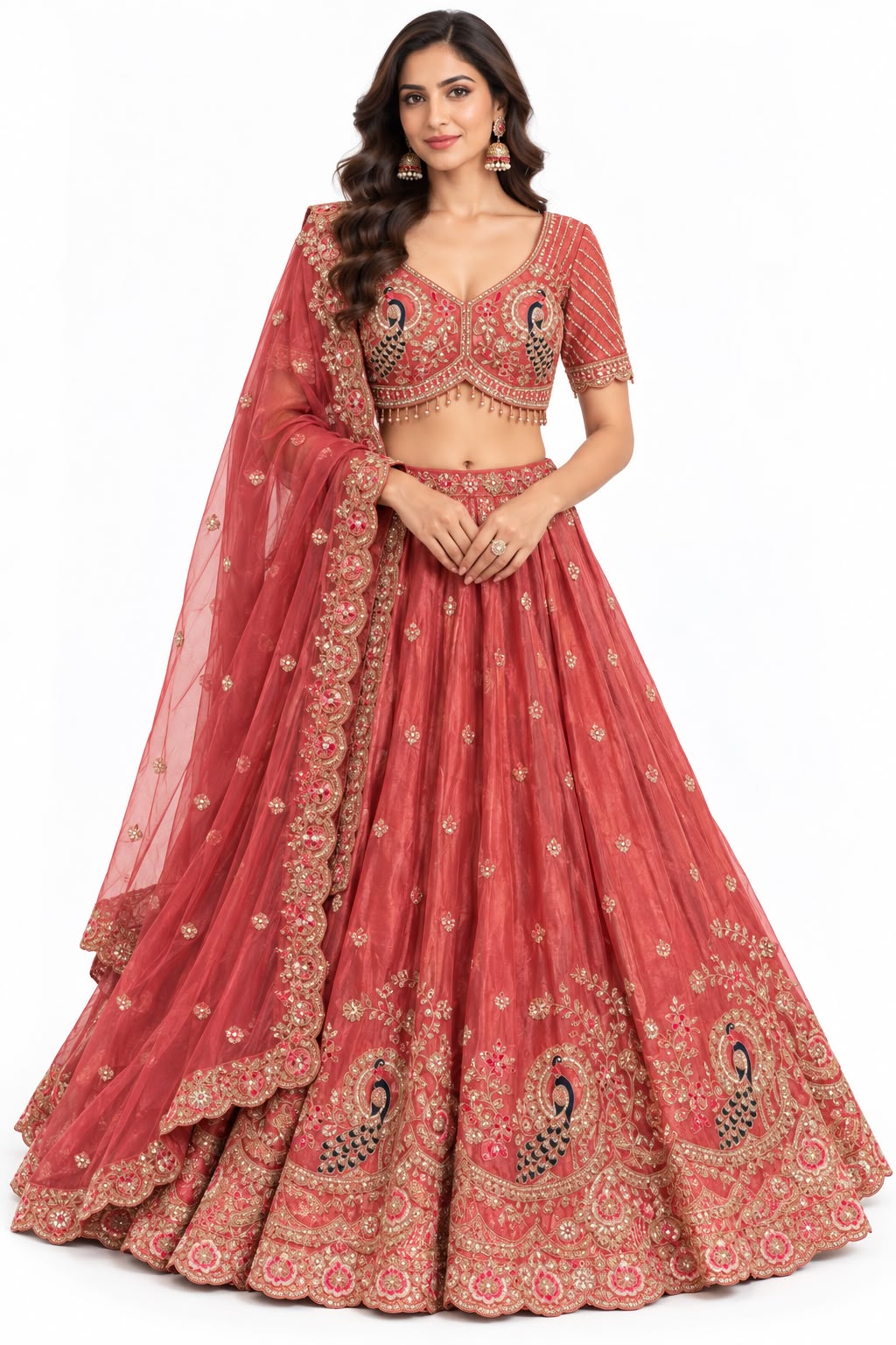 Brick Red Peacock Embroidered Lehenga Set Main image